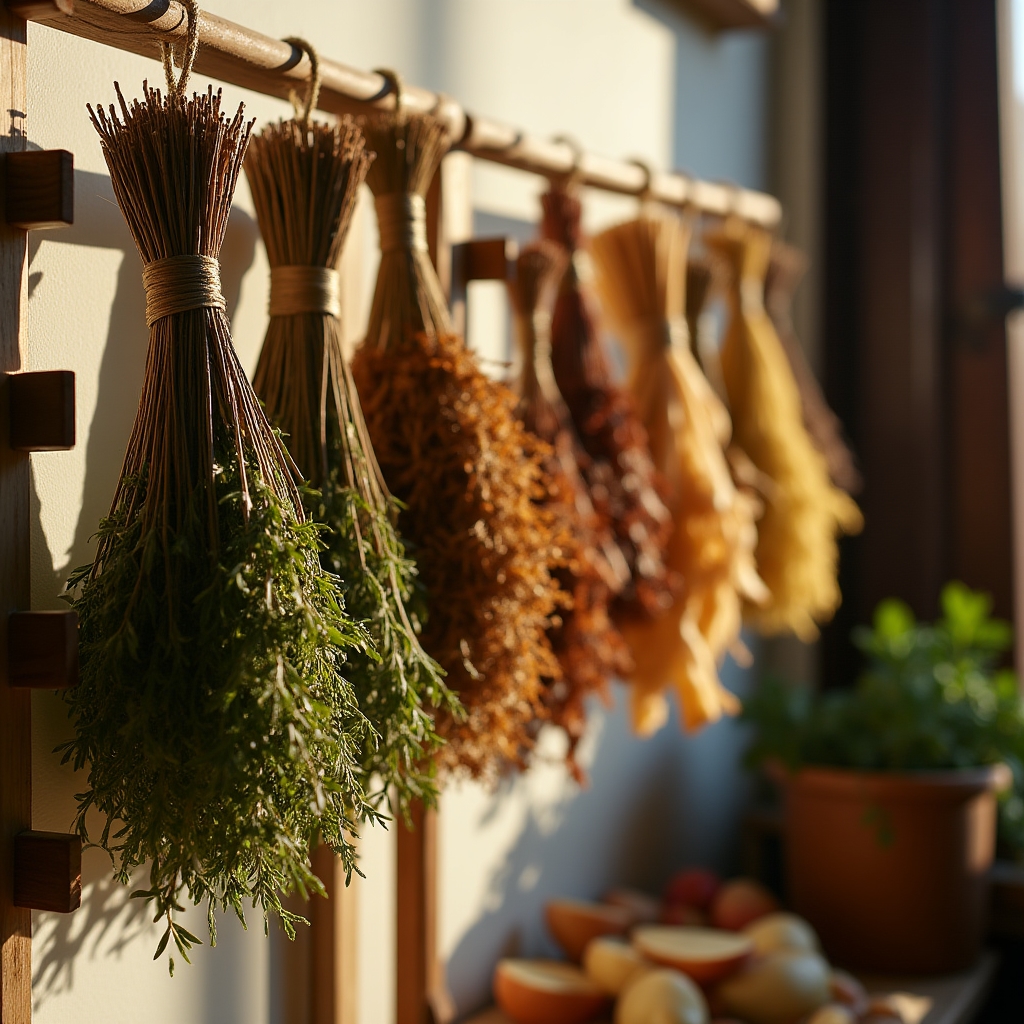 Bundles of dried herbs and sliced fruit laid out on a wooden drying rack near a sunlit window