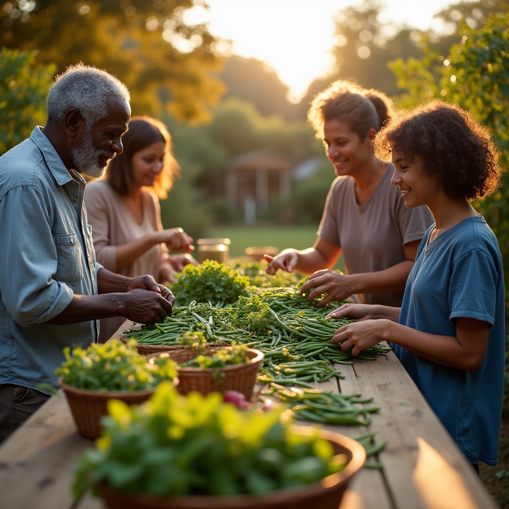 A family working together at an outdoor table to sort and process a harvest of vegetables for preservation