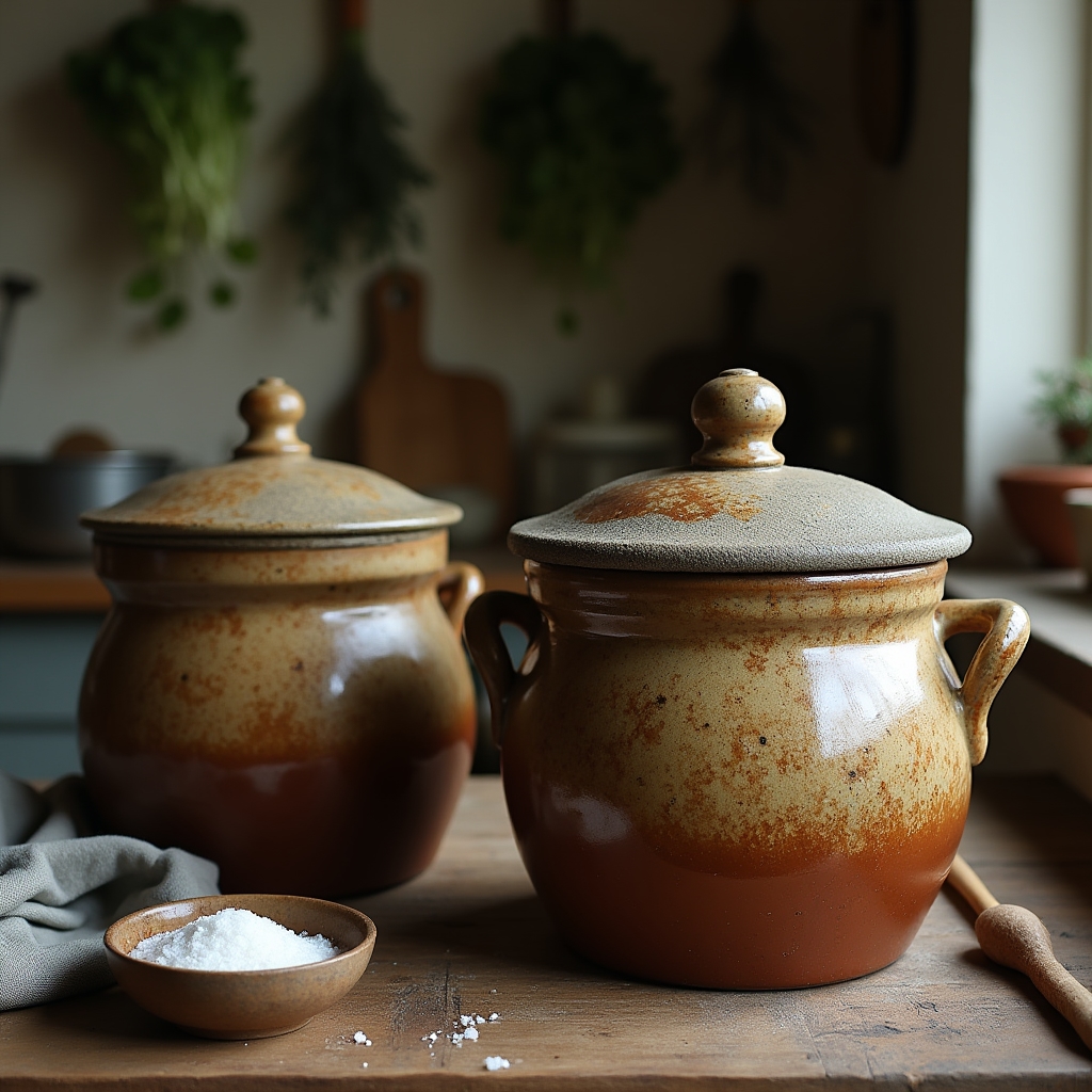 Ceramic fermentation crocks with weighted lids used for making sauerkraut and pickled vegetables in a rustic kitchen