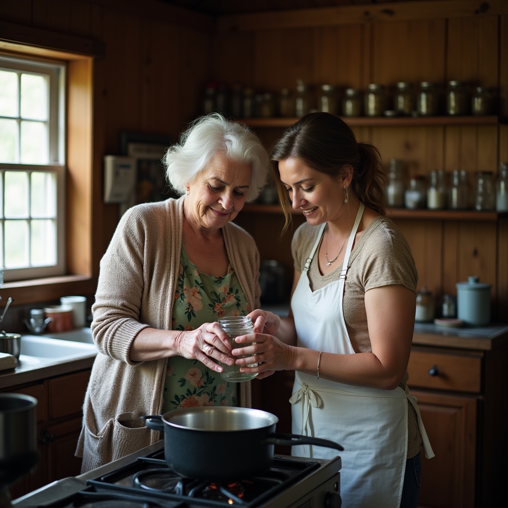 An older woman guiding a younger relative through the steps of jar canning at a home kitchen counter