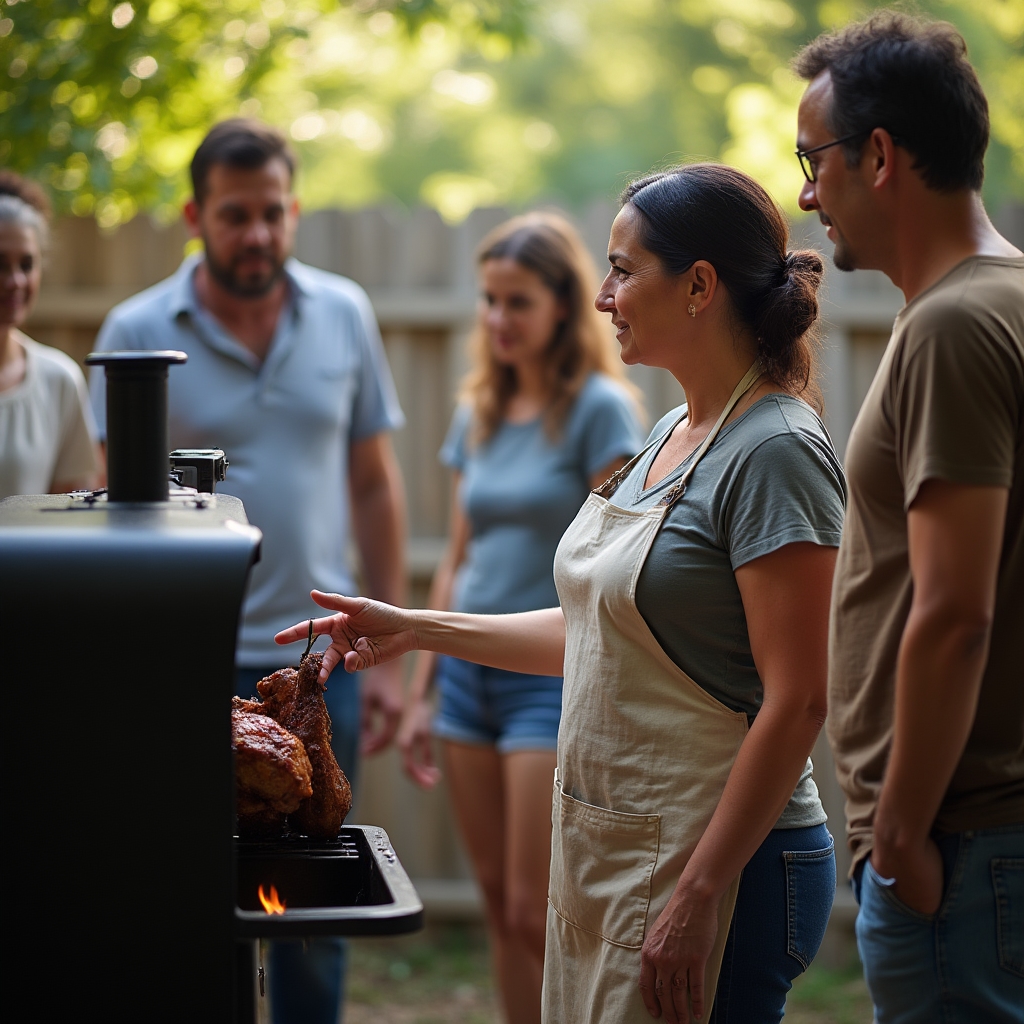An instructor demonstrating a smoking technique to a small group gathered around an outdoor smoker