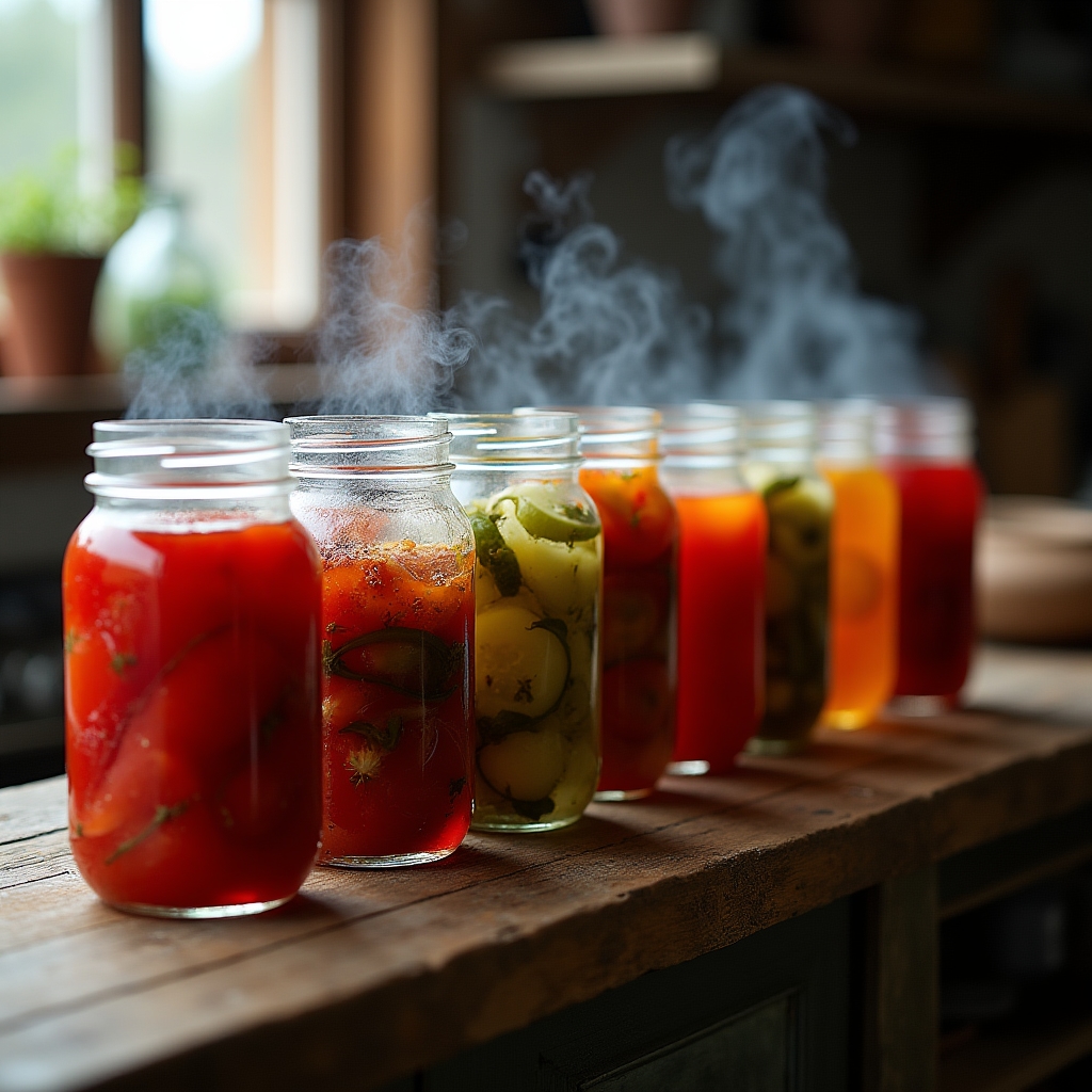 Rows of glass mason jars filled with preserved tomatoes and pickled vegetables cooling on a wooden countertop
