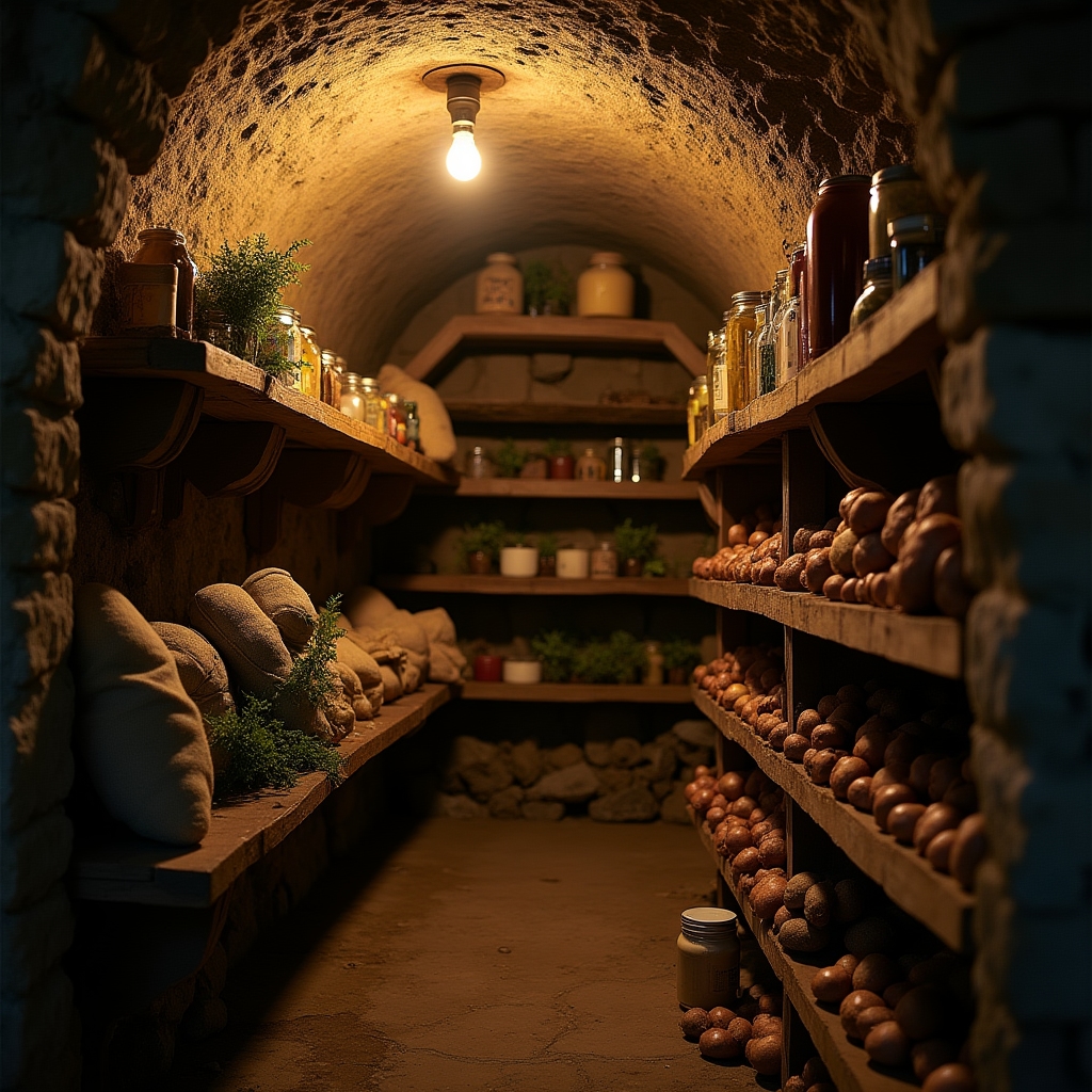 A Midwestern basement root cellar with shelves of canned vegetables and stored winter squash lit by a single bulb
